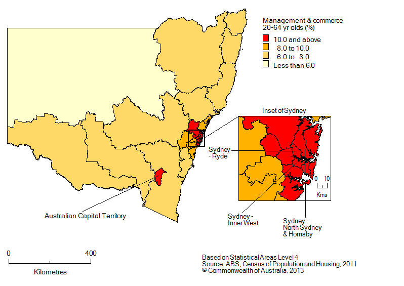 Map: Non-school qualifications in management and commerce, 20-64 year olds, New South Wales, 2011