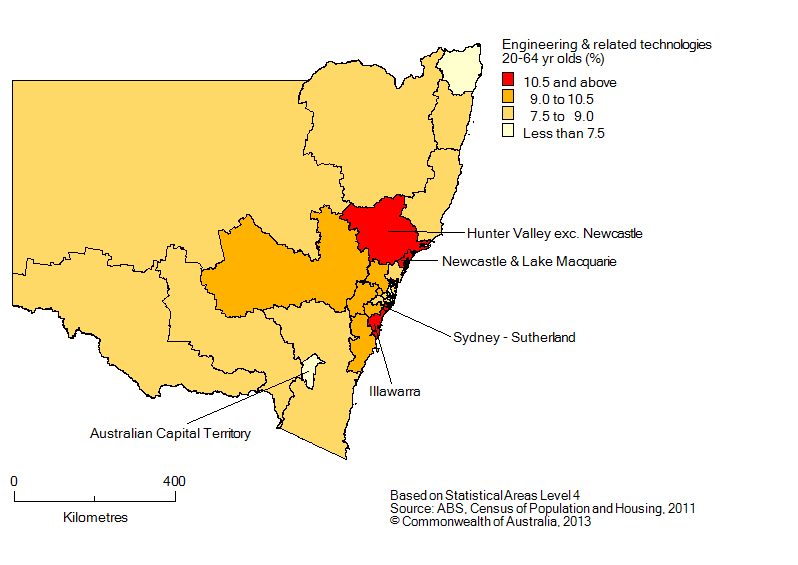 Map: Non-school qualifications in engineering and related technologies, 20-64 year olds, New South Wales, 2011