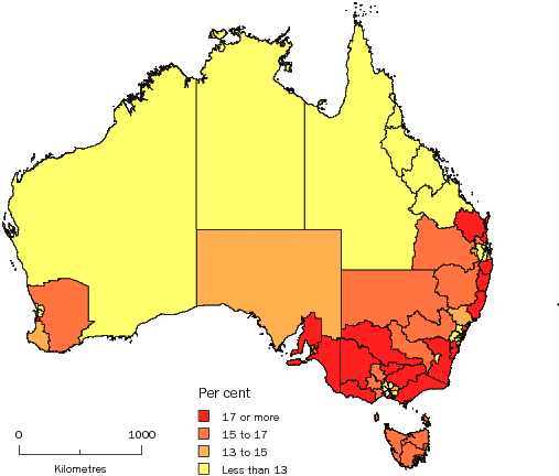 Diagram: POPULATION AGED 65 YEARS AND OVER, Statistical Areas Level 4, Australia—30 June 2011