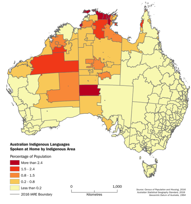 Map showing Australian Indigenous languages spoken at home by Indigenous area