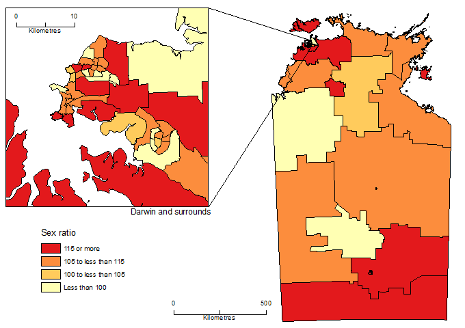 Image: Males per 100 Females, SA2, NT - 30 June 2015