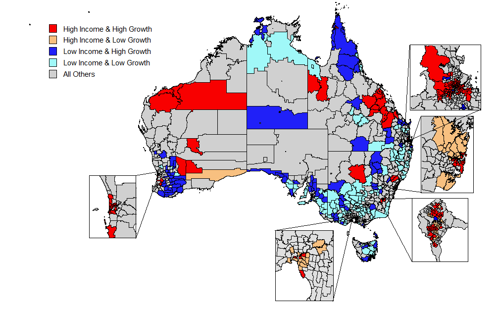 Map showing variations in average annual growth rates in Wages and salaries and Average Wage and salary income