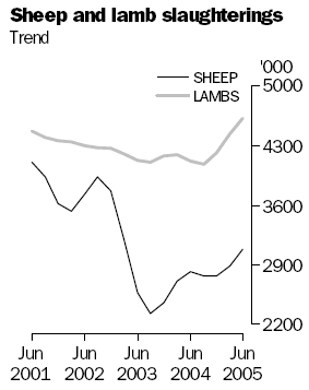 Graph of sheep and lamb slaughterings, June 2001 to June 2005
