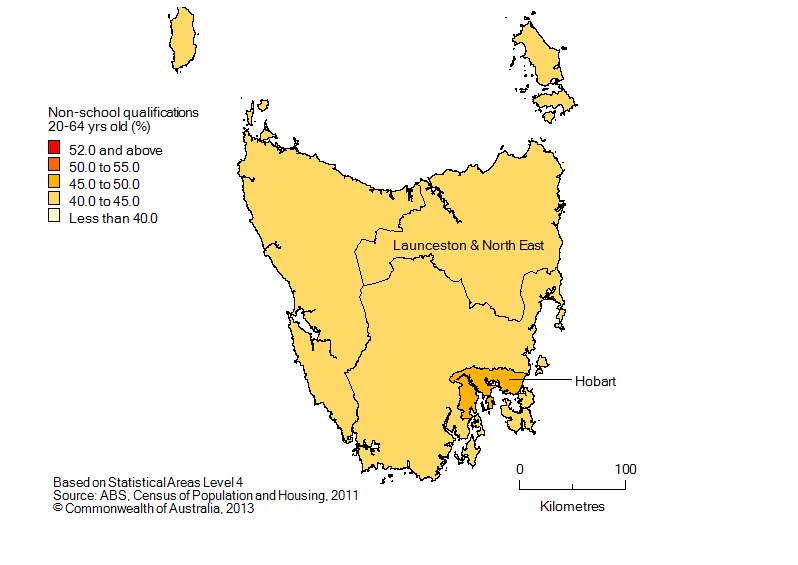 Map: Population with non-school qualifications, 20-64 year olds, Tasmania, 2011