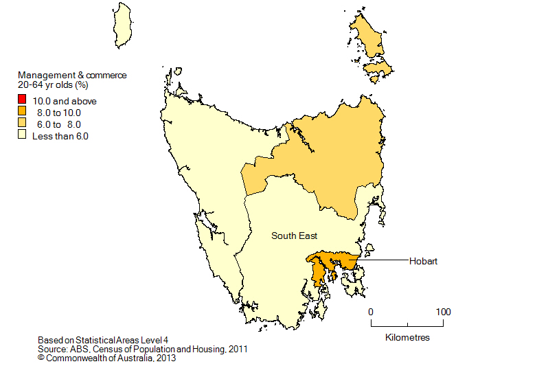 Map: Non-school qualifications in management and commerce, 20-64 year olds, Tasmania, 2011