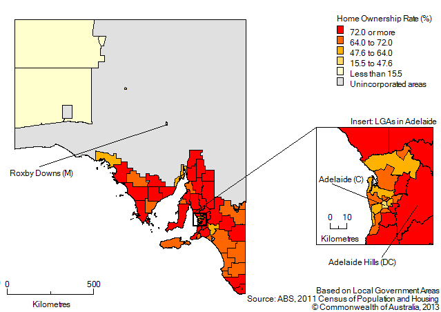 Map:Home ownership rates by LGA, South Australia, 2011