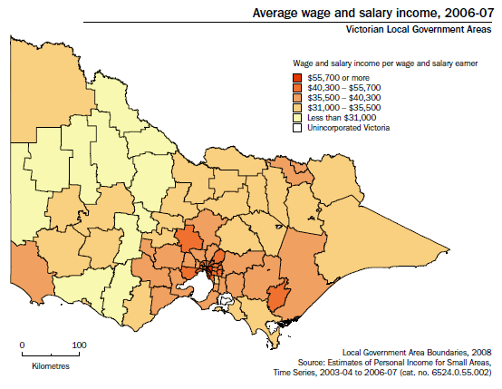 Average wage and salary income, 2006-07, Victorian Local Government Areas