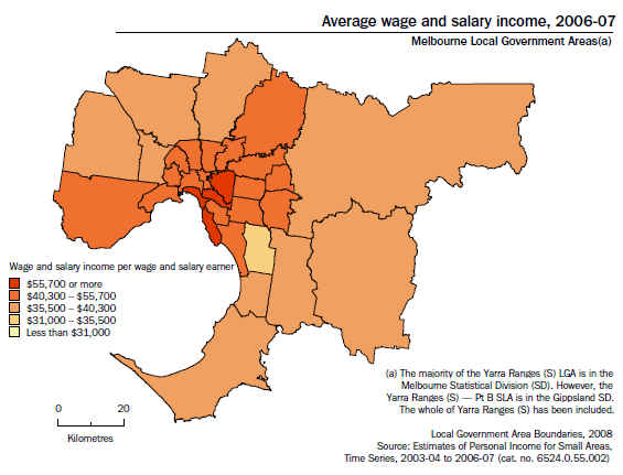 Average wage and salary income, 2006-07, Melbourne Local Government Areas