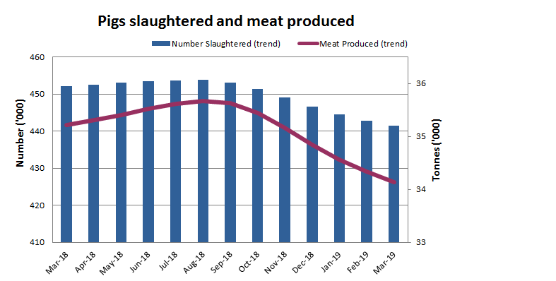Image: Graph showing numbers of pigs slaughtered and meat produced over last 13 months