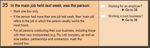 Image: 2016 Household Paper Form - Question 35. In the main job held last week, was the person: