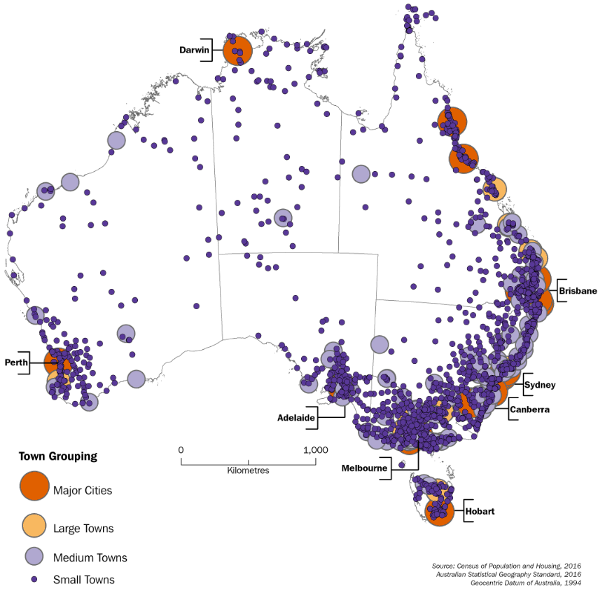 Image: AUSTRALIA'S TOWNS BY POPULATION SIZE GROUPINGS, 2016
