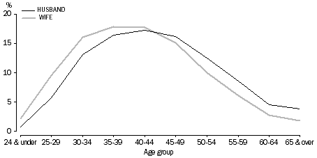 Graph showing age groups at divorces of both husband and wife in 2006