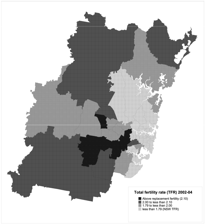 Graphic: 8. TOTAL FERTILITY RATE (TFR), Statistical Local Areas(a) in Sydney - 2002-04
