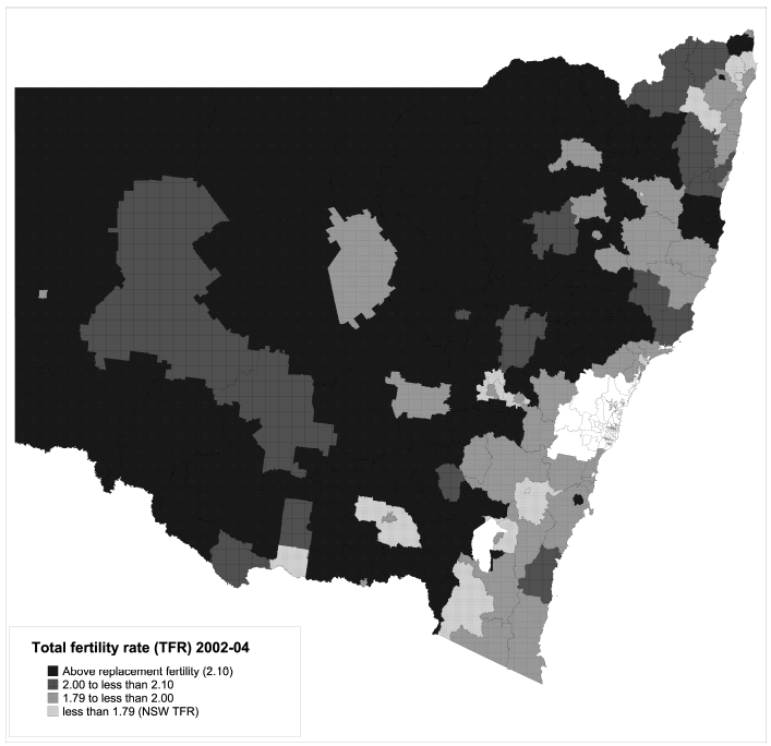 Graphic: 9. TOTAL FERTILITY RATE (TFR), Statistical Local Areas(a) in other NSW regions - 2002-04