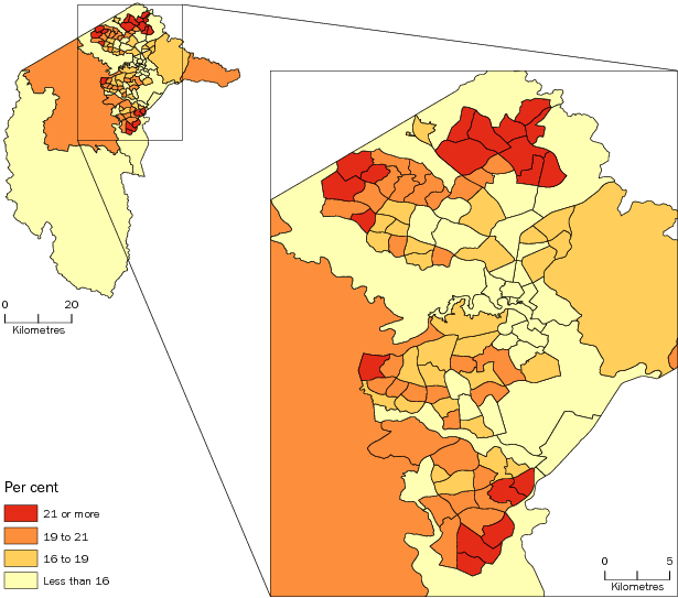 Diagram: POPULATION AGED LESS THAN 15 YEARS, Statistical Areas Level 2, Australian Capital Territory—30 June 2013