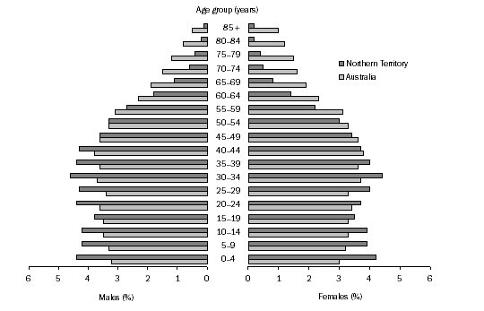 Graph: Population Distribution by Age and Sex, Northern Territory and Australia - 30 June 2005