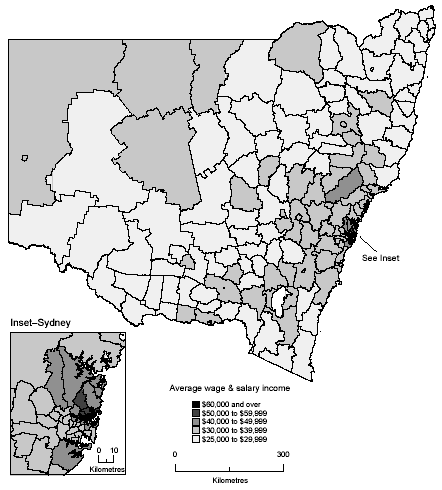 Map: Average Annual Wage and Salary Income, Local Government Areas, New South Wales, 2000-01
