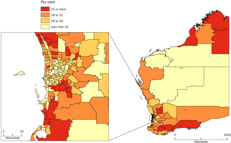Diagram: POPULATION AGED LESS THAN 15 YEARS, Statistical Areas Level 2, Western Australia—30 June 2013