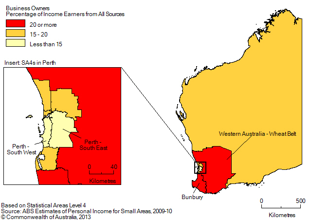 Map: BUSINESS OWNERS (a), Percentage of income earners by SA4, Western Australia- 2009-10