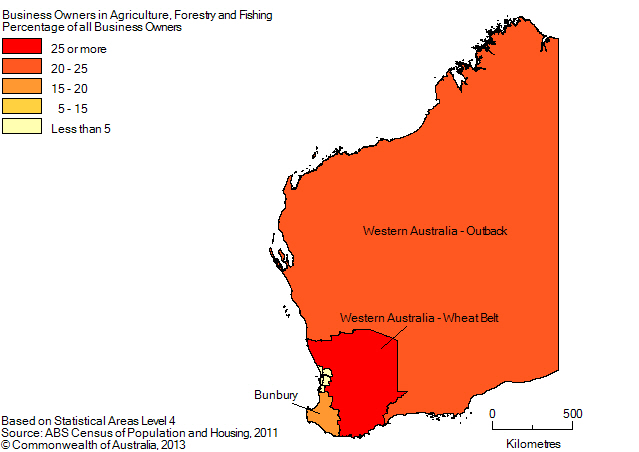 Map: PERCENTAGE OF BUSINESS OWNERS IN THE AGRICULTURE, FORESTRY AND FISHING INDUSTRY BY SA4(a), Western Australia - 2011