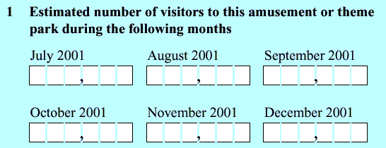 An example question where the horisontal space between data entry fields displayed in a grid is smaller than the vertical space. The result is that respondents correctly read across the page before reading down the page.
