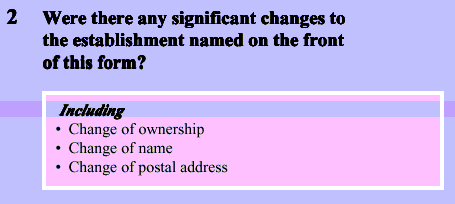 An example question that has an Including box immediately after the main questions wording. 