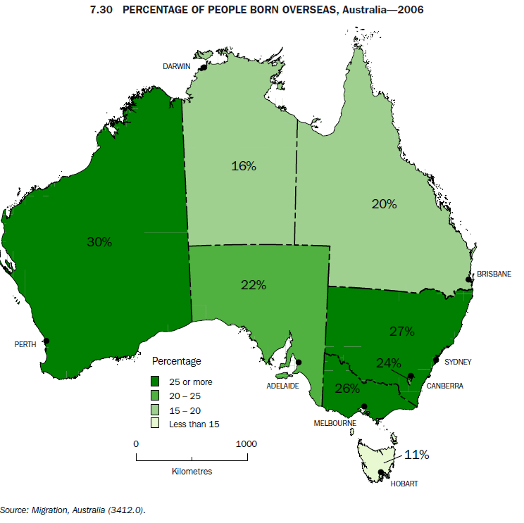 7.30 Percent of people born overseas, australia–2006