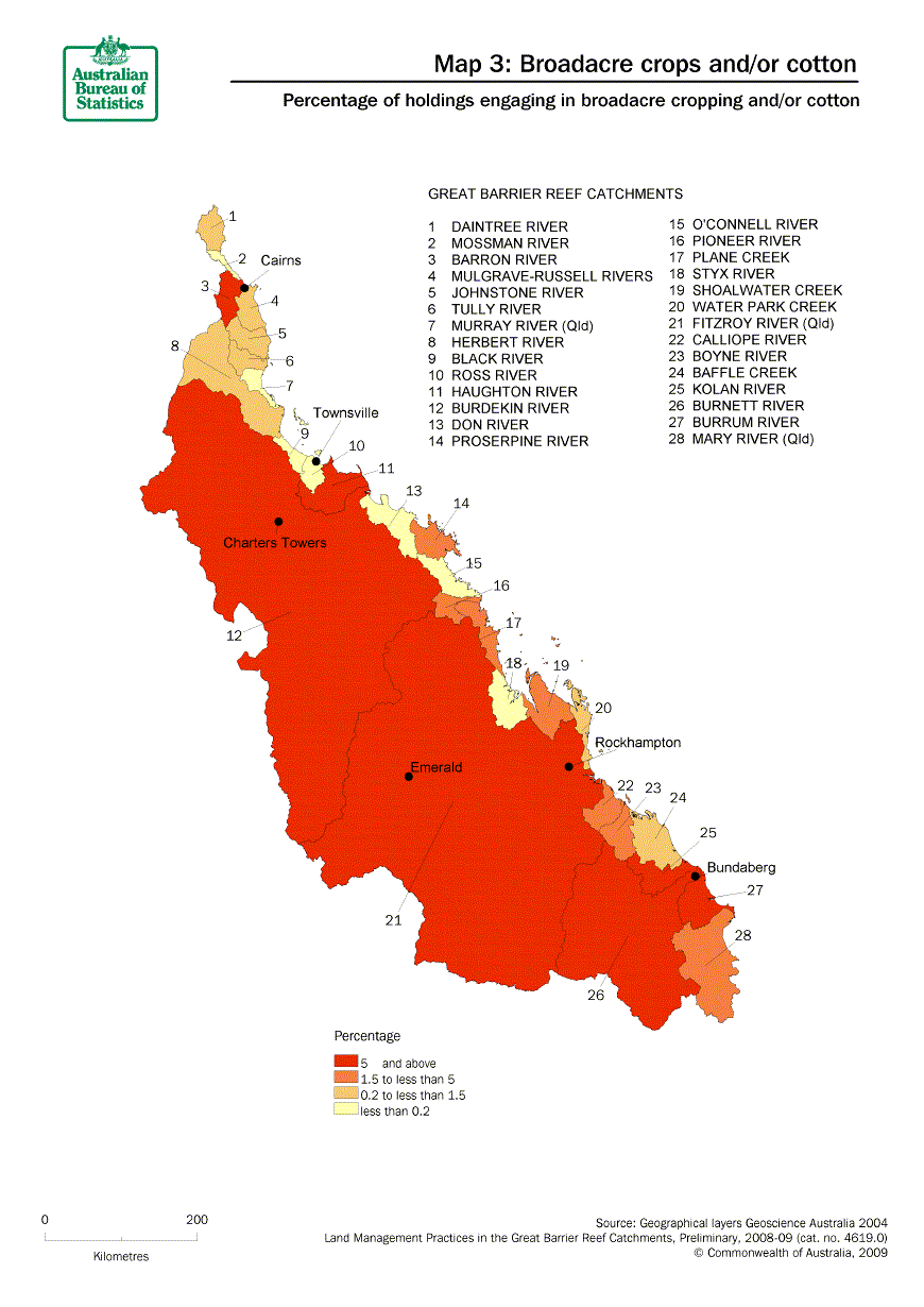 Map 3: Percentage of holdings engaging in broadacre cropping and/or cotton. The catchments with the highest percentage being the large sized catchments extending a significant distance inland.