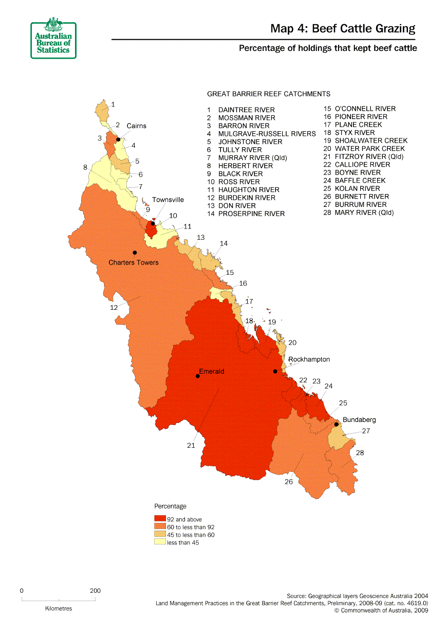 Map 4: Percentage of holdings that kept beef cattle. The catchments with the highest percentage being the large and mid sized sized catchments in the southern and western part of the total Great Barrier Reef catchment.