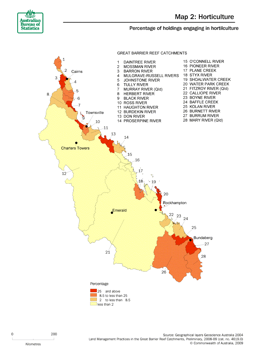 Map 2: Percentage of holdings engaging in horticulture. The catchments with the highest percentage being small catchments scattered along the coast, together with a heavy concentration in the far south of the region.
