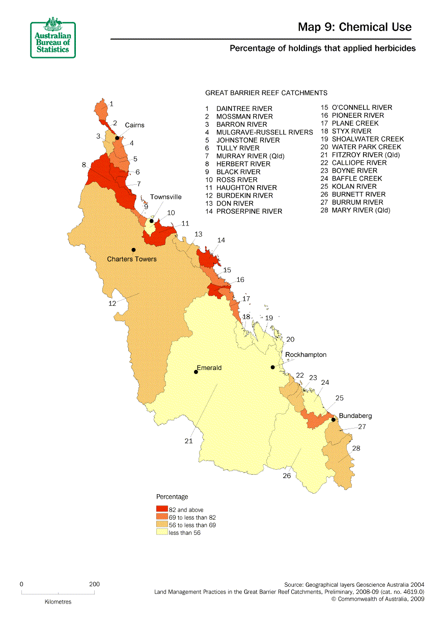 Map 9: Percentage of holdings that applied herbicides. The catchments with the highest percentage being those close to the coast in the northern half of the surveyed area. 