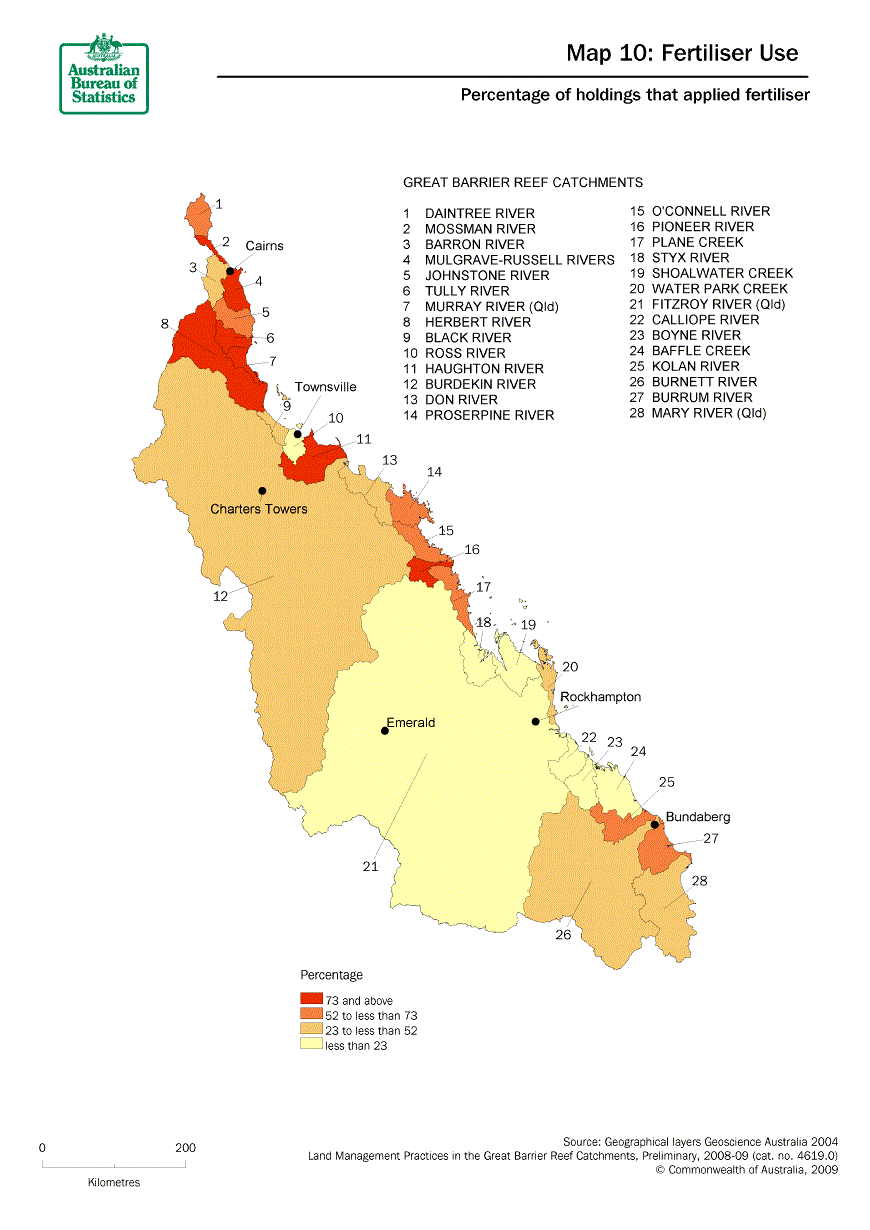 Map 10: Percentage of holdings that applied fertiliser. The catchments with the highest percentage being those close to the coast in the far northern part of the surveyed area. 