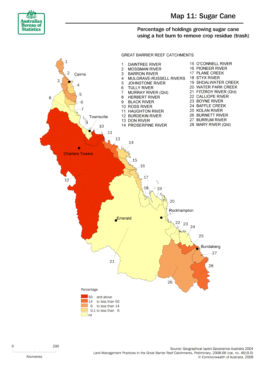 Map 11:  Percentage of holdings growing sugar cane using a hot burn to remove crop residue. The catchments with the highest percentage being those just south of Townsville.