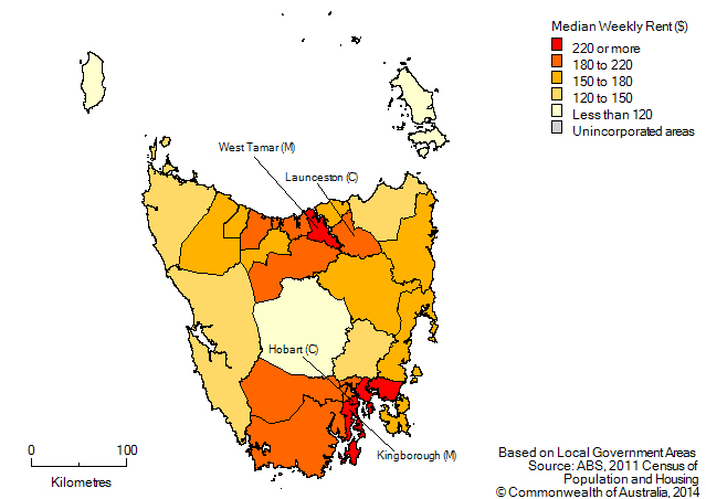 Map: Median weekly rental payment, by local government area, Tasmania, 2011