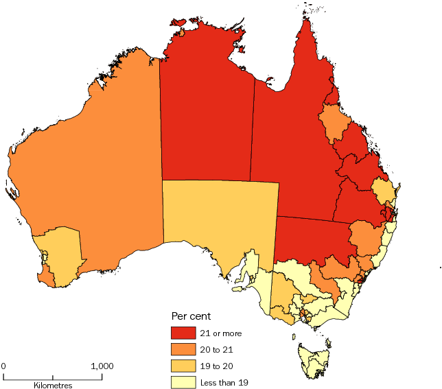 Diagram: POPULATION AGED LESS THAN 15 YEARS, Statistical Areas Level 4, Australia—30 June 2013