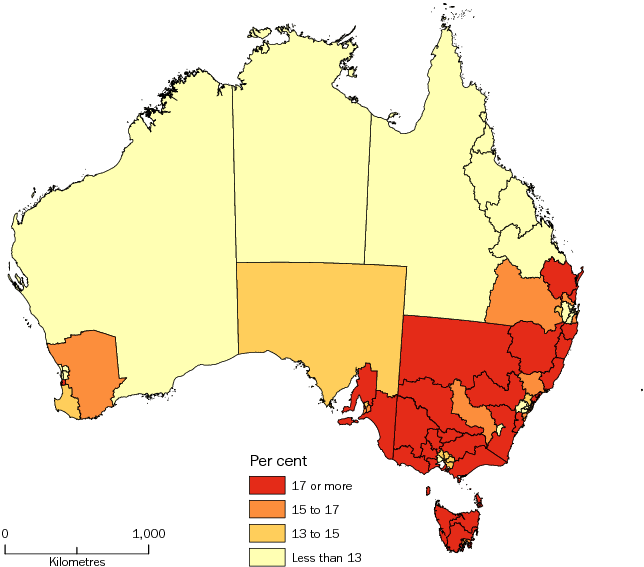 Diagram: POPULATION AGED 65 YEARS AND OVER, Statistical Areas Level 4, Australia—30 June 2013