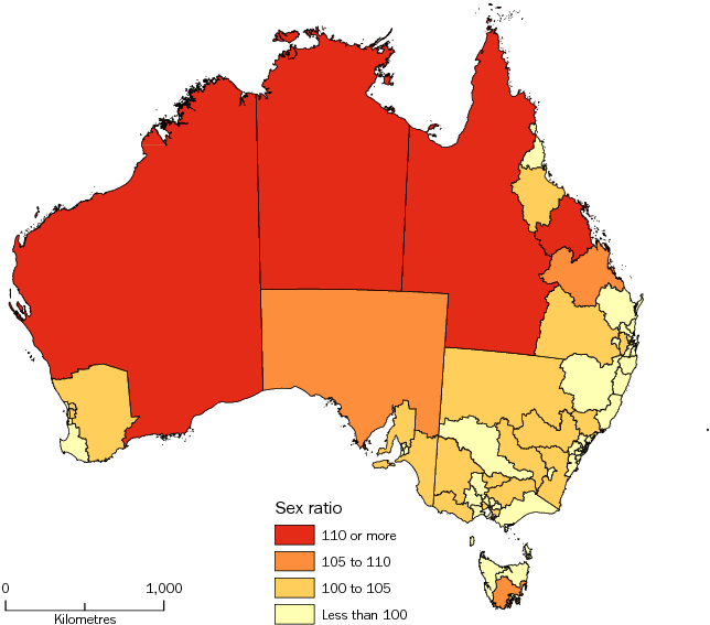 Diagram: MALES PER 100 FEMALES, Statistical Areas Level 4, Australia—30 June 2013