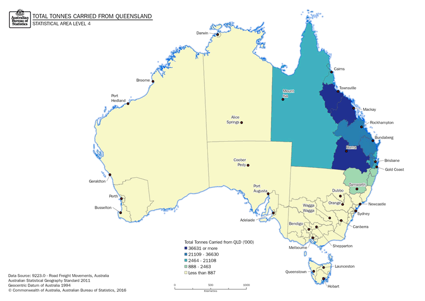 Image: Thematic map, Total Tonnes Carried from Queensland to Destination (Statistical Area Level 4)