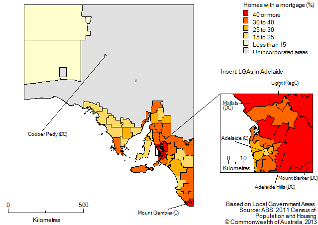 Map: Proportion of homes owned with a mortgage, by Local Government Area, South Australia, 2011. Includes insert for Local Government Areas in Adelaide.