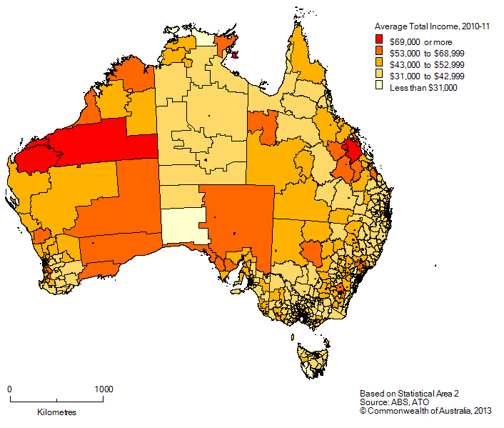 Map of Average total income, SA2 regions in Australia, 2010-11