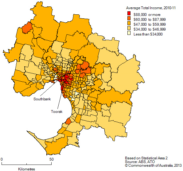 Average total income by SA2, Greater Melbourne, 2010-11