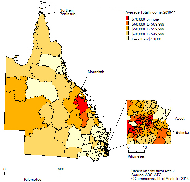 Average total income by SA2, Queensland, 2010-11