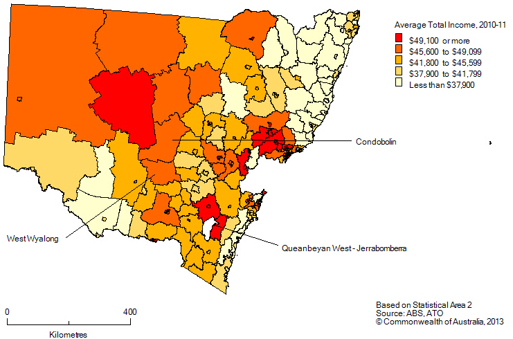 Average total income, SA2s in Rest of NSW, 2010-11
