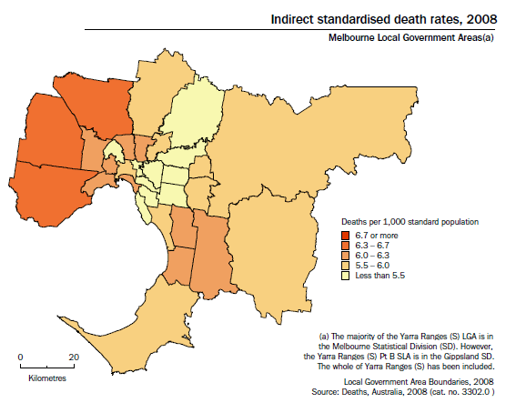 Indirect standardised death rates, 2008, Melbourne Local Government Areas