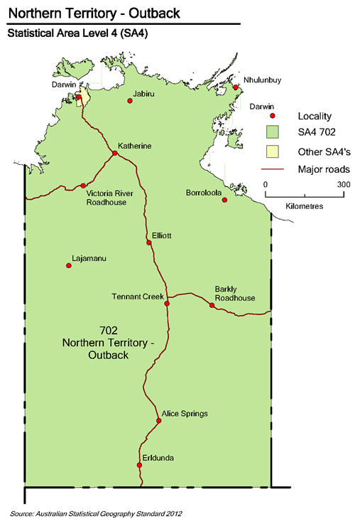 Map of Northern Territory showing SA4 of Northern Territory - Outback, principal roads and towns