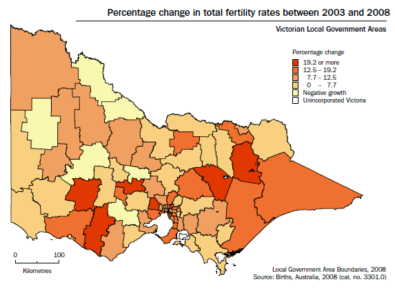 Percentage change in total fertility rates between 2003 and 2008, Victorian Local Government Areas