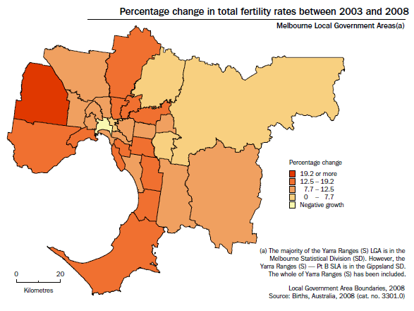Percentage change in total fertility rates between 2003 and 2008, Melbourne Local Government Areas