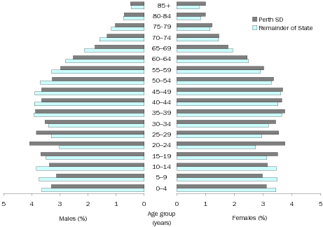 Diagram: Age and sex distribution, percentage, WA, 2008