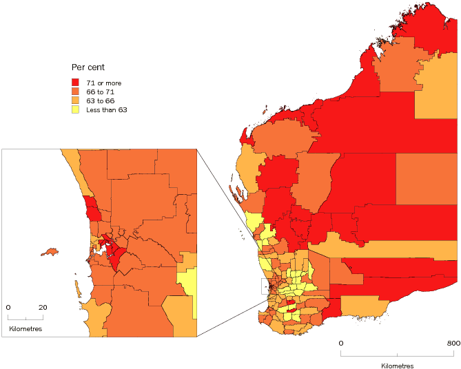 Diagram: Working age population (aged 15 to 64 years), Statistical Local Areas, WA, 2008