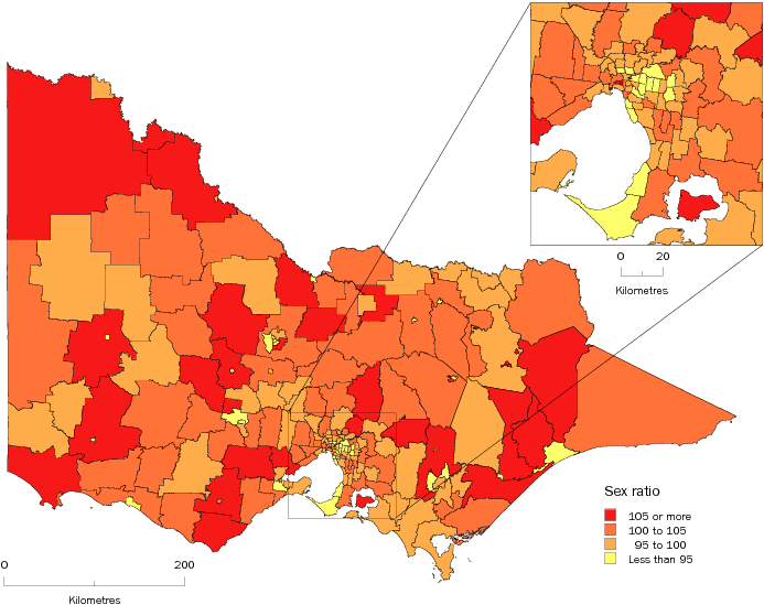 Diagram: Males per 100 females, Statistical Local Areas, Victoria, 2008